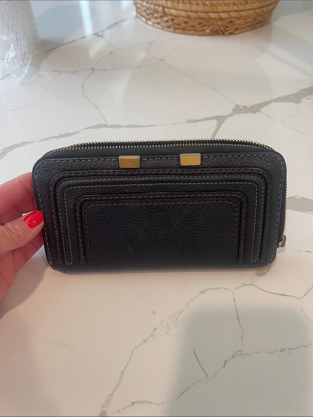Chloe Black Leather Zip Wallet with Gold Accents
